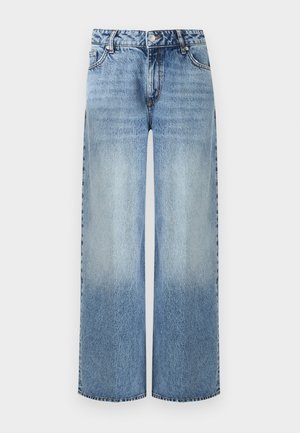 Hellblaue, hochtaillierte Jeans mit weitem Bein, klassischem Fünf-Taschen-Design und Knopfverschluss, verwaschener Effekt an den Beinen.