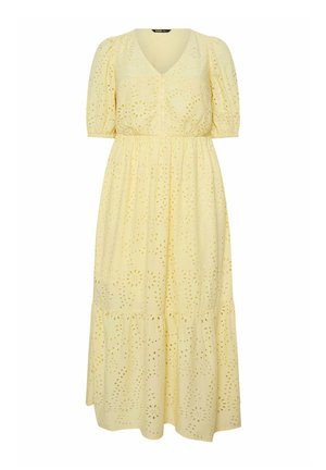 Hellgelbes Midikleid mit V-Ausschnitt, kurzen Puffärmeln, geknöpftem Oberteil, elastischem Taillenbund und floralen Lochstickereimustern.