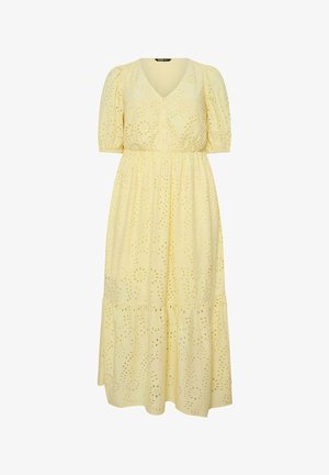 Hellgelbes Midikleid mit V-Ausschnitt, kurzen Puffärmeln, geknöpftem Oberteil, elastischem Taillenbund und floralen Lochstickereimustern.