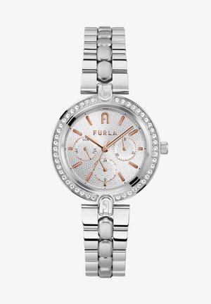 Reloj metálico plateado con un dial texturizado plateado, acentos en oro rosa, tres sub-diales y un bisel incrustado de cristales, con una pulsera de eslabones.