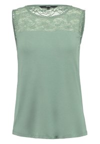 Haut sans manches en coton vert doux avec un empiècement en dentelle. Doté d'un col arrondi et d'une coupe décontractée. Texture lisse avec un léger éclat.