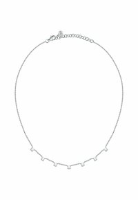 Collana in argento con cinque piccoli rhinestones quadrati distribuiti uniformemente lungo la lunghezza. Incluso gancio a molla e catena regolabile.