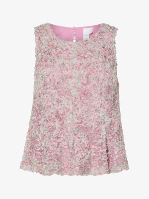 Roza brezrokavnik s teksturiranim, slojevitim cvetličnim vzorcem. Okrogli izrez z gumbom na zadnji strani. Mehak, lahek material.