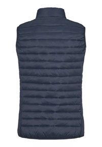 Mornarsko modra puhasta telovnik z visokim ovratnikom, ki ima vodoravne prešite odseke, lahek material in ravno zaključeno dno.