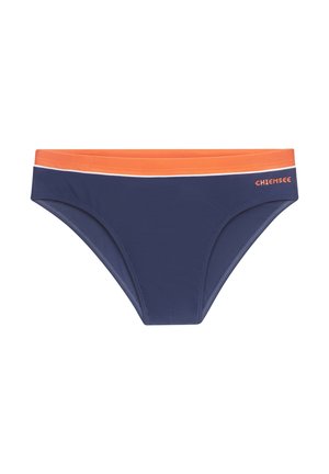 Marine Schwimmbrieft mit einem orangefarbenen Bund und einem weißen Akzentstreifen; aus glattem Stoff und in einer engen Passform. Das Markenlogo ist angebracht.
