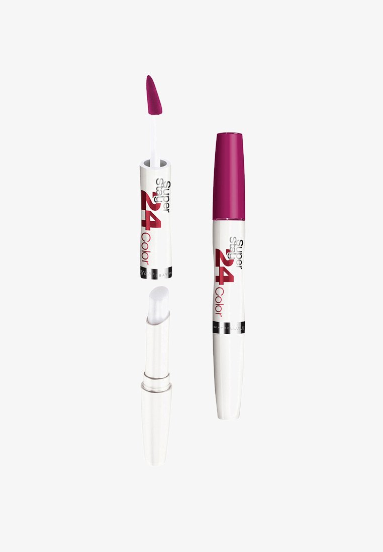 Flüssiger Lippenstift in einer weißen Tube mit roten und silbernen Akzenten. Verfügt über einen fuchsiafarbenen Applikator und einen klaren doppelseitigen Deckel.