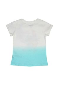 T-shirt blanc à manches courtes, présentant un effet ombragé passant du blanc au bleu clair en bas. Matière en coton douce.