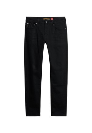 Zwarte denim jeans met een recht gesneden design, voorzien van een knoop- en ritsluiting, vijf zakken en subtiele stikseldetails.