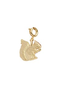 Gold squirrel charm with detailed texture, featuring a loop for attachment and a raised tail. Compact, animal-shaped design.