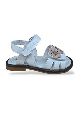 Sandalo bianco per bambini con cinturino regolabile, decorato con accenti floreali beige e piccole gemme, suola marrone.