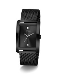 Schwarze Guess Uhr mit rechteckigem Gehäuse, schwarzem Mesh-Armband, minimalistischem Ziffernblatt, silbernen Stunden- und Minutenzeigern sowie quadratischen Stundenmarkierungen.