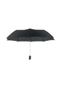 Schwarzer Regenschirm mit einem runden Griff, Metallrahmen und Stoffdach. Das Dach ist glatt und ungemustert und bietet vollständigen Schutz. Verstellbar für den Gebrauch.