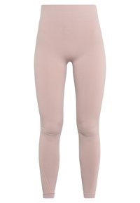 Sömlösa högmidjade mauve leggings med subtila linjedetaljer nära de nedre vadmusklerna, visade på en vit bakgrund.