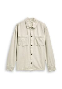 Lichtbeige button-up shirt van textuurstof. Bevat een kraag, twee voorzakken en verlengde mouwen met manchet.