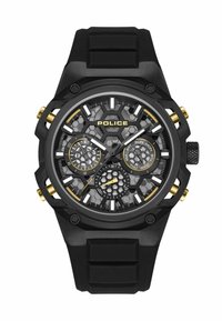Orologio nero con quadrante testurizzato caratterizzato da motivi esagonali, dettagli in oro e cinturino in gomma. I sub-quadranti indicano giorno e data.