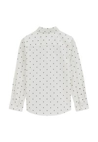 Fehér hosszú ujjú ing, apró fekete gyémántmintával. Klasszikus gallér és gombos mandzsetta, sima, könnyű textúrájú anyag.