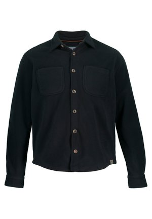 Zwarte fleeces {'knopenop shirt met twee voorzakken, zichtbare stiksels en een rechte zoom. Heeft een klassieke kraag en knopenlijst.