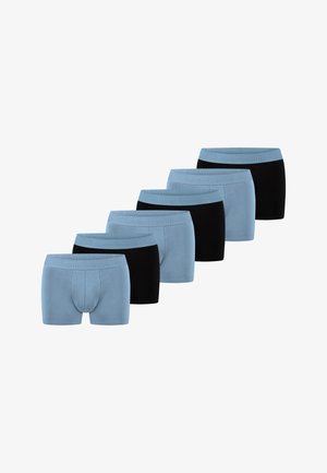 Six pairs of men's boxer briefs in alternating black and light blue colors, arranged in a diagonal line.