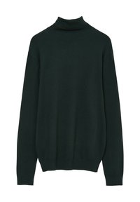 Maglione a collo alto di colore verde scuro realizzato in un morbido tessuto a maglia, con maniche lunghe e una vestibilità comoda, rifinito con bordi a costine al collo e all'orlo.