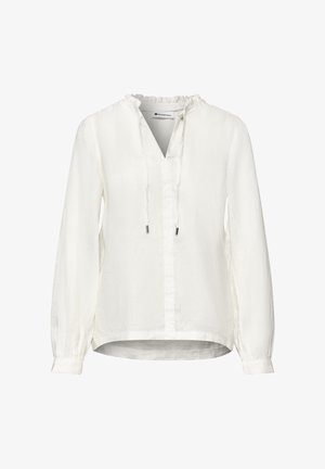 Biała bluzka z długim rękawem, z falbaniastego kołnierzem, dekoltem w serek z troczkami, zapinanymi mankietami i lekko zaokrąglonym dołem.