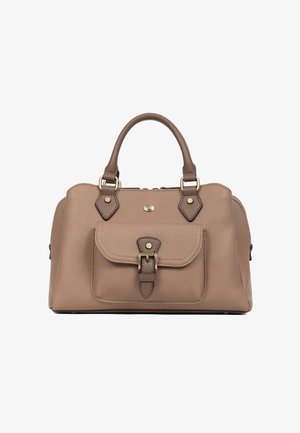 Torebka ze skóry w kolorze taupe z podwójnymi uchwytami, przednią kieszenią na klamrę oraz złotymi elementami metalowymi na białym tle.