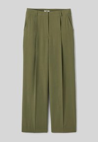 Pantalons larges vert olive en tissu doux, dotés de deux poches latérales et d'un devant plissé pour un détail supplémentaire.