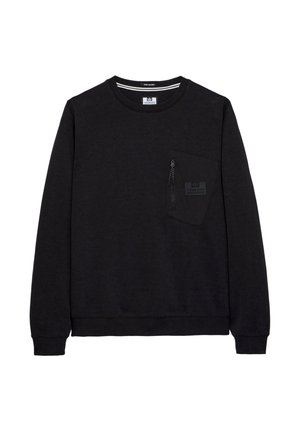 Black sweatshirt with long sleeves, crew neck, and front pocket featuring a zip closure. Made from soft fabric with a smooth texture.