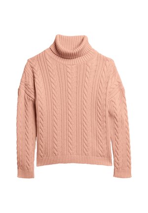 Grober Strickpullover mit Rollkragen in sanftem Rosa. Verfügt über einen gerippten Kragen und strukturierte Zopfmuster am Körper und an den Ärmeln. Verkürztes Design.