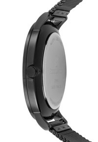 Svart armbandsur i rostfritt stål med meshband, som tydligt har en rund urtavla, slät yta och en krona för justering.