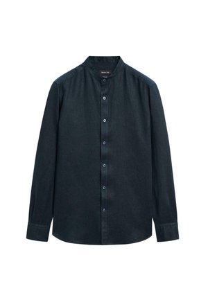 Camicia a maniche lunghe di colore blu scuro realizzata in tessuto testurizzato, con colletto a band e chiusura frontale a bottoni, dotata di bottoni coordinati blu.
