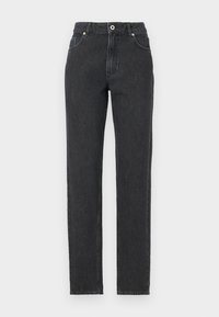 Melnas džinsa bikses ar taisnu piegriezumu, ar augstu jostasvietu, priekšējiem kabatām un kontrastējošiem šuvēm. Gluda tekstūra un klasiskā dizaina.