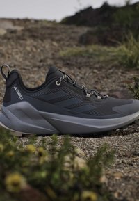 Chaussure de trail Adidas Terrex noire et grise sur un chemin extérieur rocailleux avec de l'herbe et de petites fleurs jaunes au premier plan.
