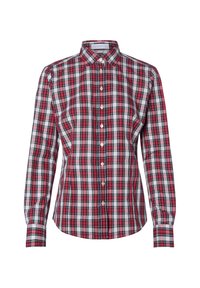 Red and white plaid button-up shirt with long sleeves, structured collar, and front placket featuring white buttons. Cotton fabric.