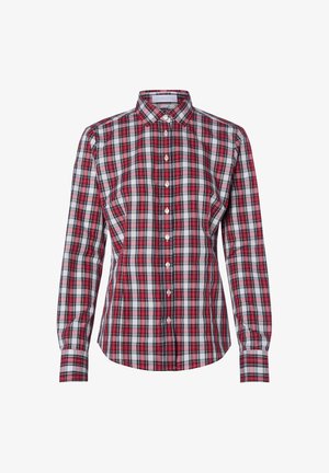 Rot-weiße karierte Button-up-Hemd mit langen Ärmeln, strukturiertem Kragen und frontaler Leiste mit weißen Knöpfen. Baumwollstoff.