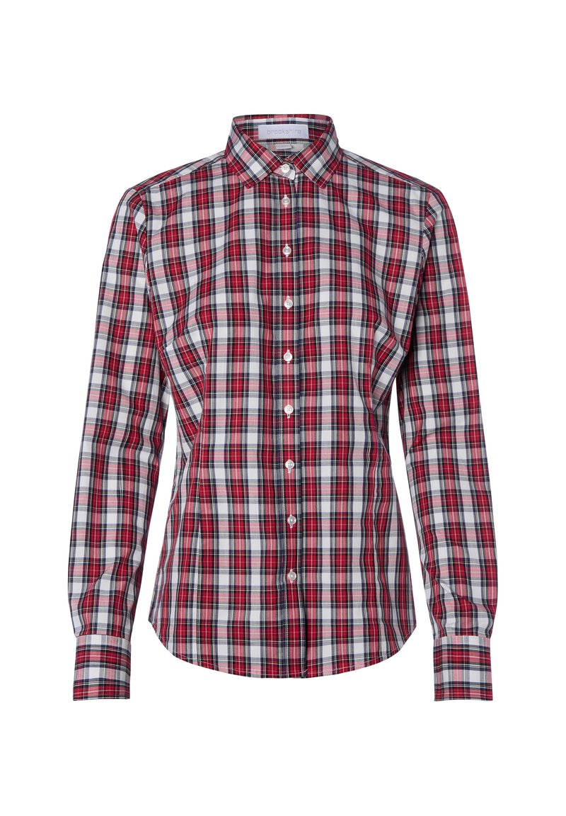 Red and white plaid button-up shirt with long sleeves, structured collar, and front placket featuring white buttons. Cotton fabric.