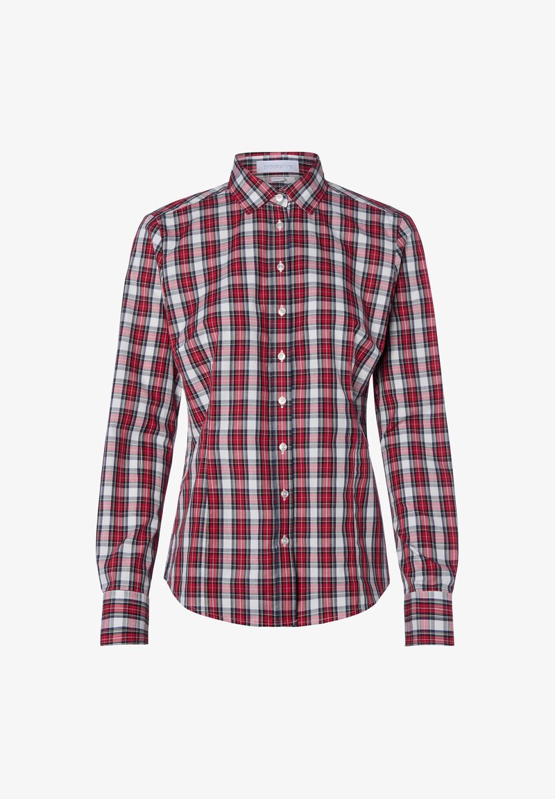 Red and white plaid button-up shirt with long sleeves, structured collar, and front placket featuring white buttons. Cotton fabric.