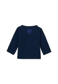 Navyblaues Langarmshirt aus strukturiertem Stoff, mit Rundhalsausschnitt und einem kreisförmigen lila Design auf der Rückseite mit textuellen Akzenten.