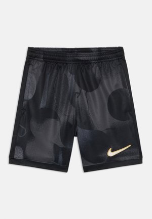 Zwarte sportshorts met een matte afwerking, voorzien van een patroon in verschillende schakeringen zwart. Gouden Nike-logo aan de onderzijde.