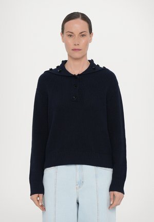 Maglione navale lavorato a maglia con cappuccio, dotato di apertura con bottoni, polsini a coste e dettagli a forma di fiore sul colletto.