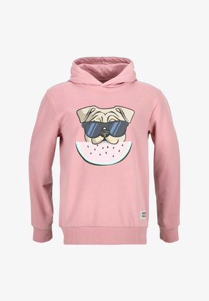 Roze sweatshirt met capuchon, voorzien van een graphic van een hond met een zonnebril op een schijf watermeloen. Zacht materiaal, geribbelde manchetten en zoom.
