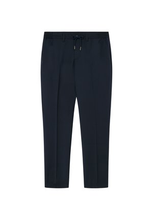 Pantalones azul marino con cintura elástica, piernas ajustadas, pliegues frontales y textura de tela suave. Ideales para uso casual.