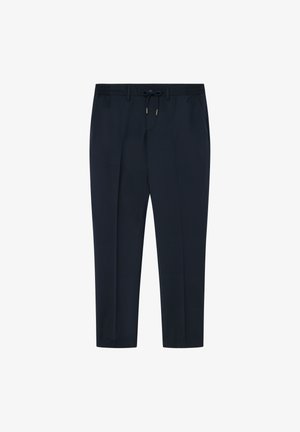 Pantaloni blu navy con vita regolabile, gambe affusolate, pieghe frontali e tessuto morbido. Ideali per un abbigliamento casual.