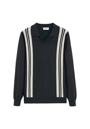 Pull-over noir à manches longues avec un col en V, présentant deux rayures blanches verticales de chaque côté. Fabriqué en tissu tricoté texturé.