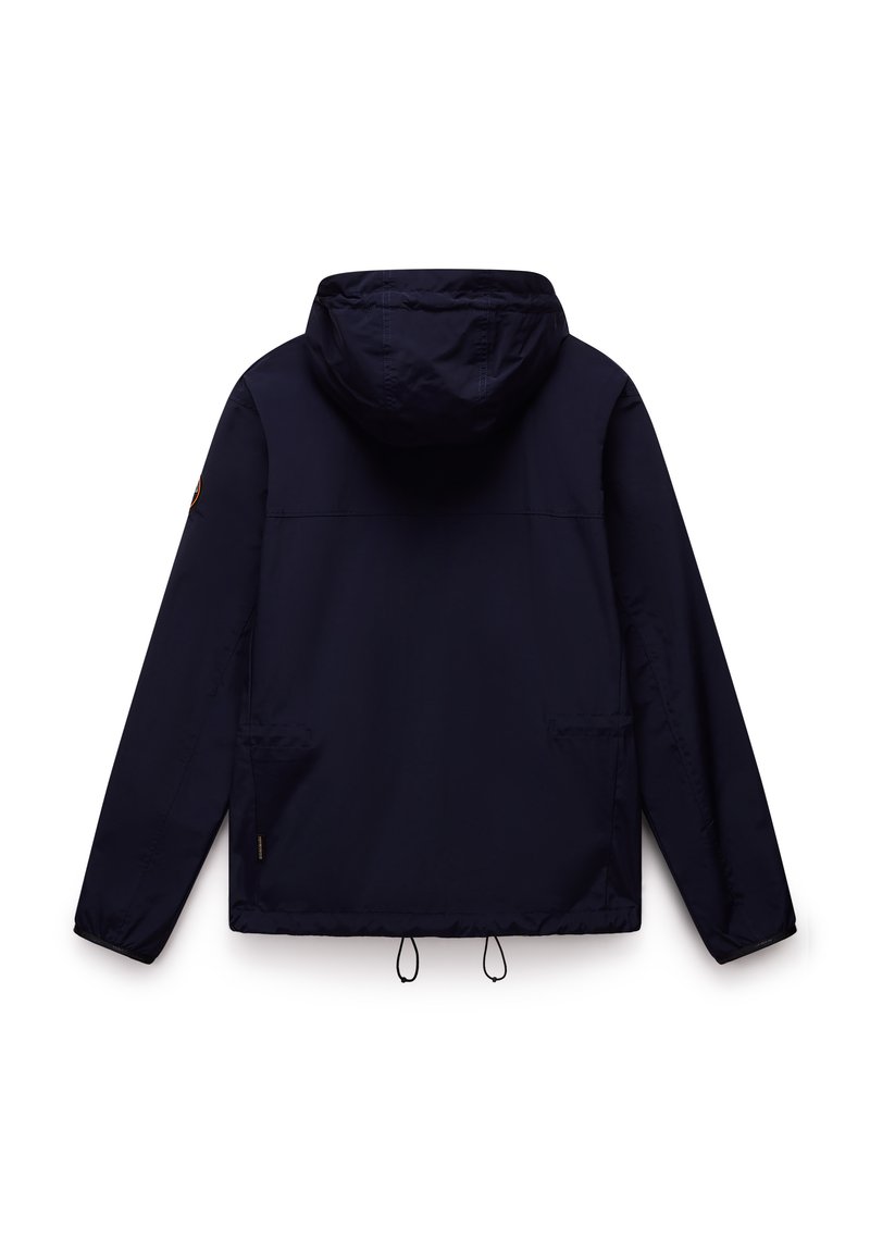Marineblaue, kapuzenjacke mit glatter Textur, fronttaschen, verstellbare Kordelzüge am Saum und einem Logopatch am Ärmel.