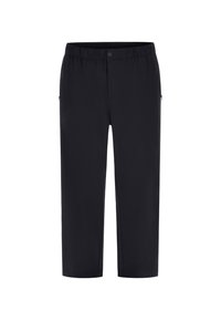 Black, lightweight pants with an elastic waistband, featuring side pockets and a smooth texture. Designed for comfort and mobility.