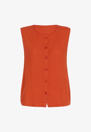 Orange ærmeløs bluse med rund halsudskæring, seks knapper foran og en løs pasform med en glat tekstur.