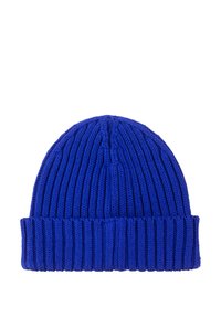 Dziana czapka typu beanie w jaskrawym niebieskim kolorze, z prążkowaną fakturą i zagiętym mankietem. Wykonana z miękkiego materiału, zaprojektowana tak, aby dobrze przylegać do głowy.