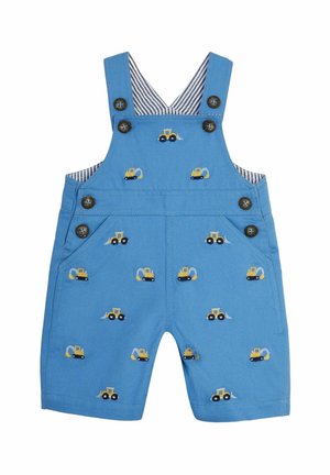 Salopette bleue pour tout-petit avec imprimés jaunes d'excavatrice et de bulldozer, boutons marron et doublure intérieure rayée.