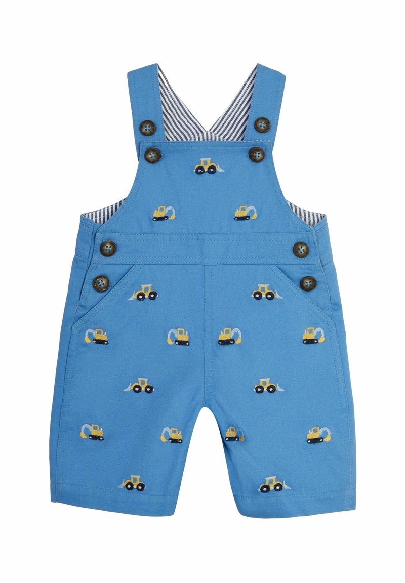Salopette bleue pour tout-petit avec imprimés jaunes d'excavatrice et de bulldozer, boutons marron et doublure intérieure rayée.
