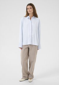 Cămașă albastru deschis, cu mâneci lungi și guler tip button-down, asortată cu pantaloni bej, largi, care au cusături pe lateral. Pantofii sunt de culoare crem.
